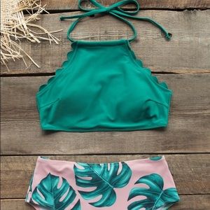 Teal and Palm Print Hi Neck Halter Bikini